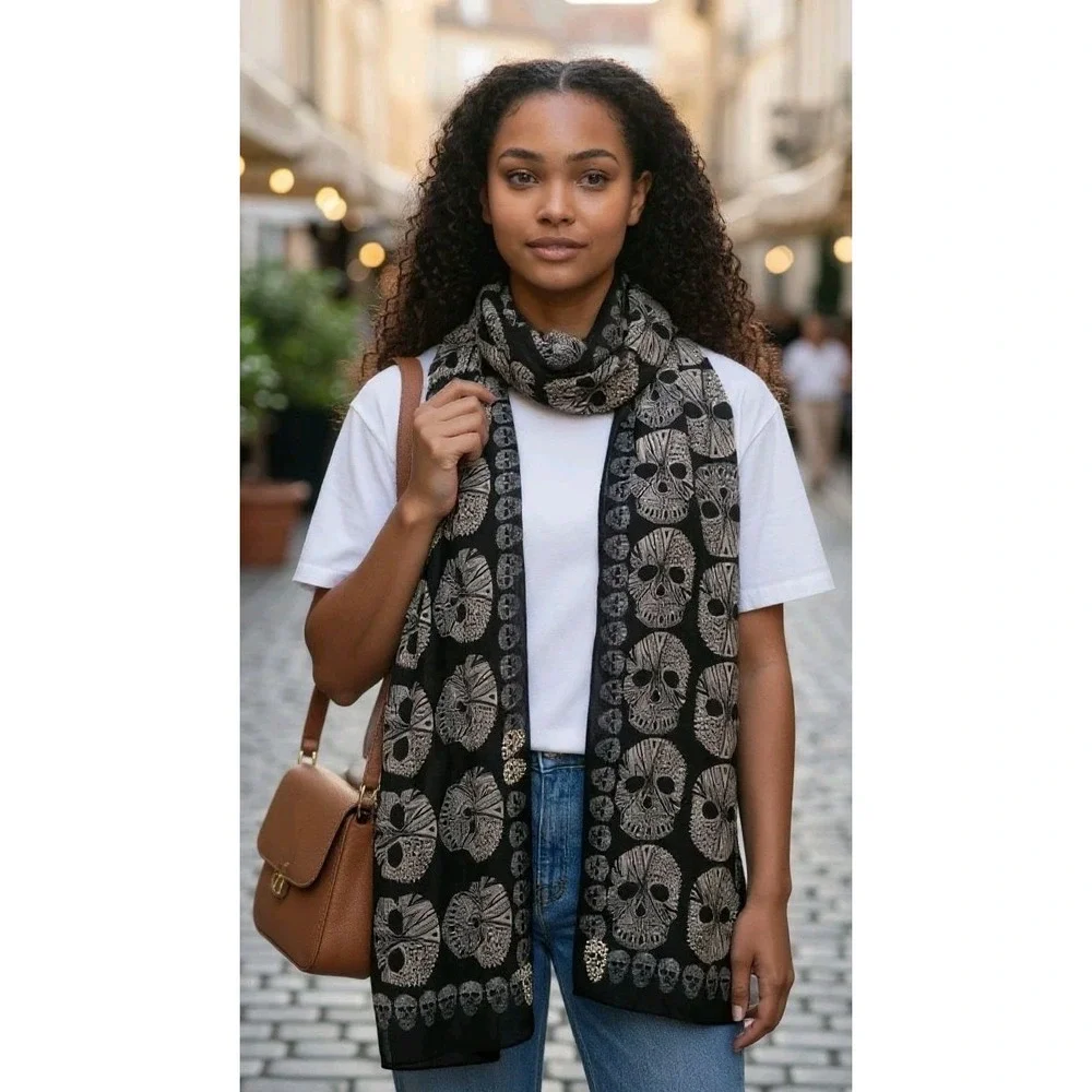 Women Scarf Skull Shawl Soft Long Elegant Classical Sheer Black Beaded Halloween